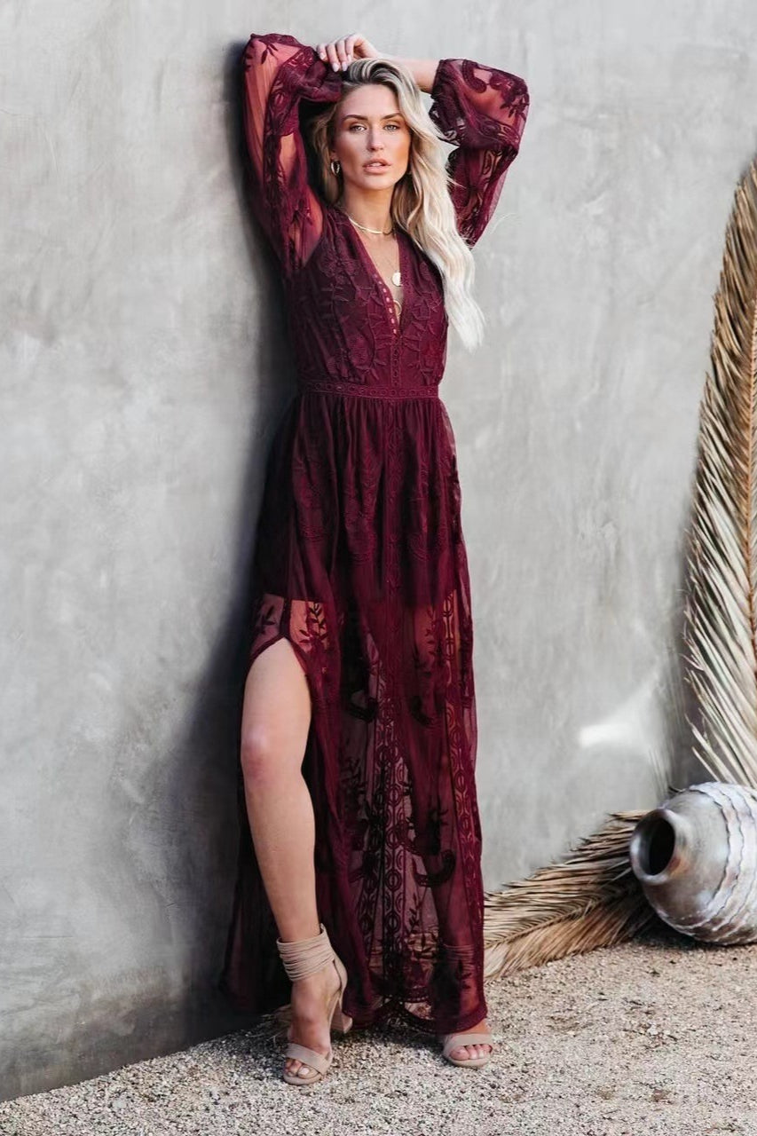 Deep V Neck Long Sleeve Floral Embroidered Mesh High Slit Maxi Dress