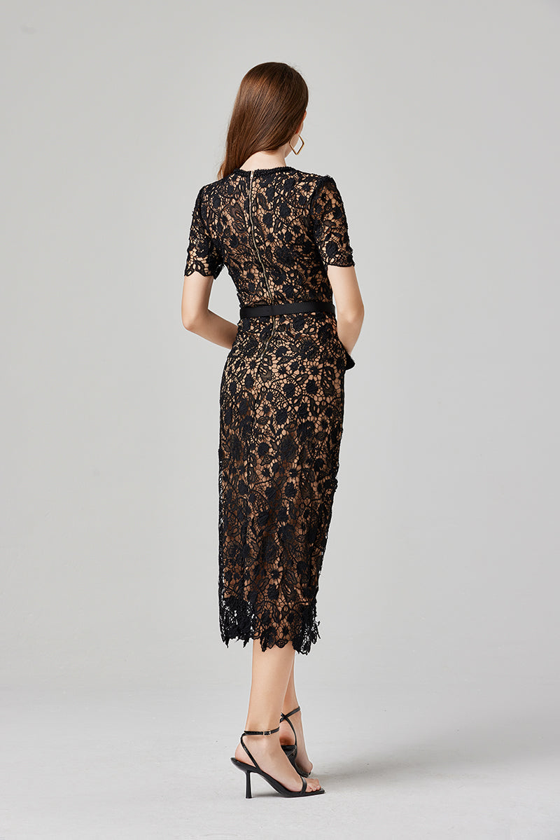 Floral Lace Button Front Belted Patch Pocket Midi Dress