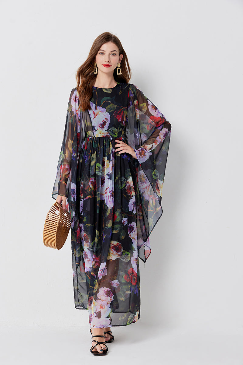 Floral Print Butterfly Sleeve Round Neck Gathered Waist Maxi Dress