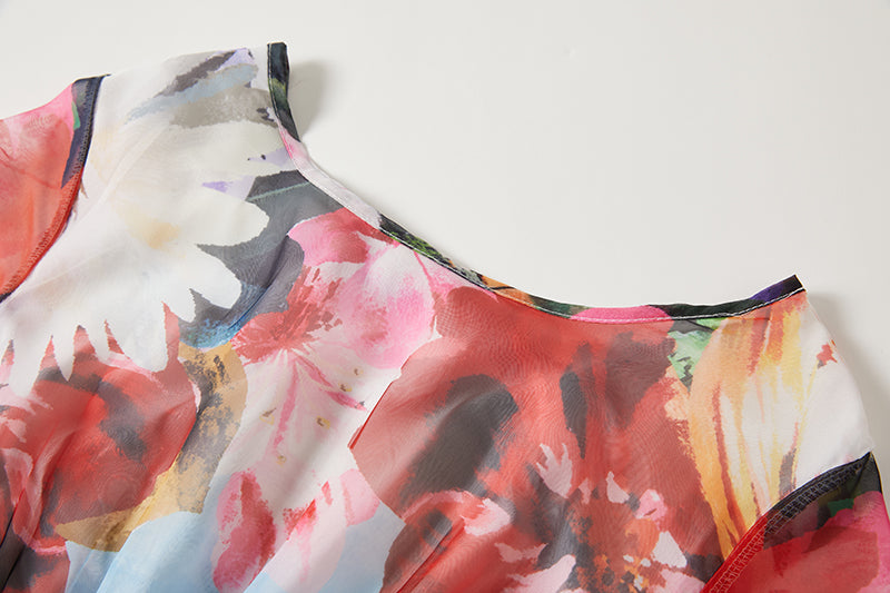 Scenic Landscape Floral Print Bell Sleeve Banded Waist Chiffon Maxi Dress