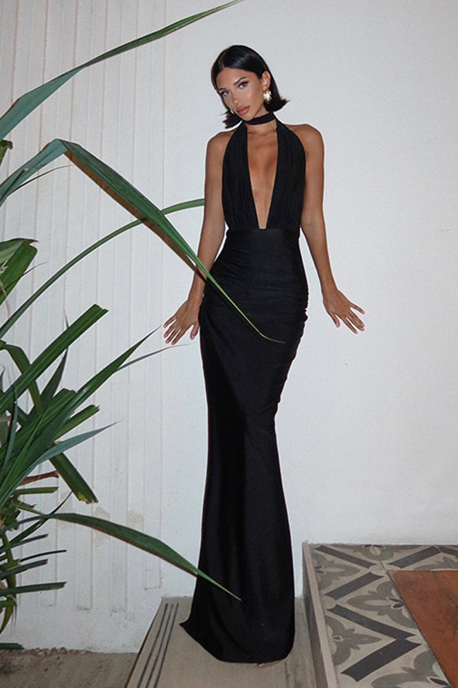 Satin Halter Deep V-Neck Choker Backless Ruched Mermaid Maxi Gown