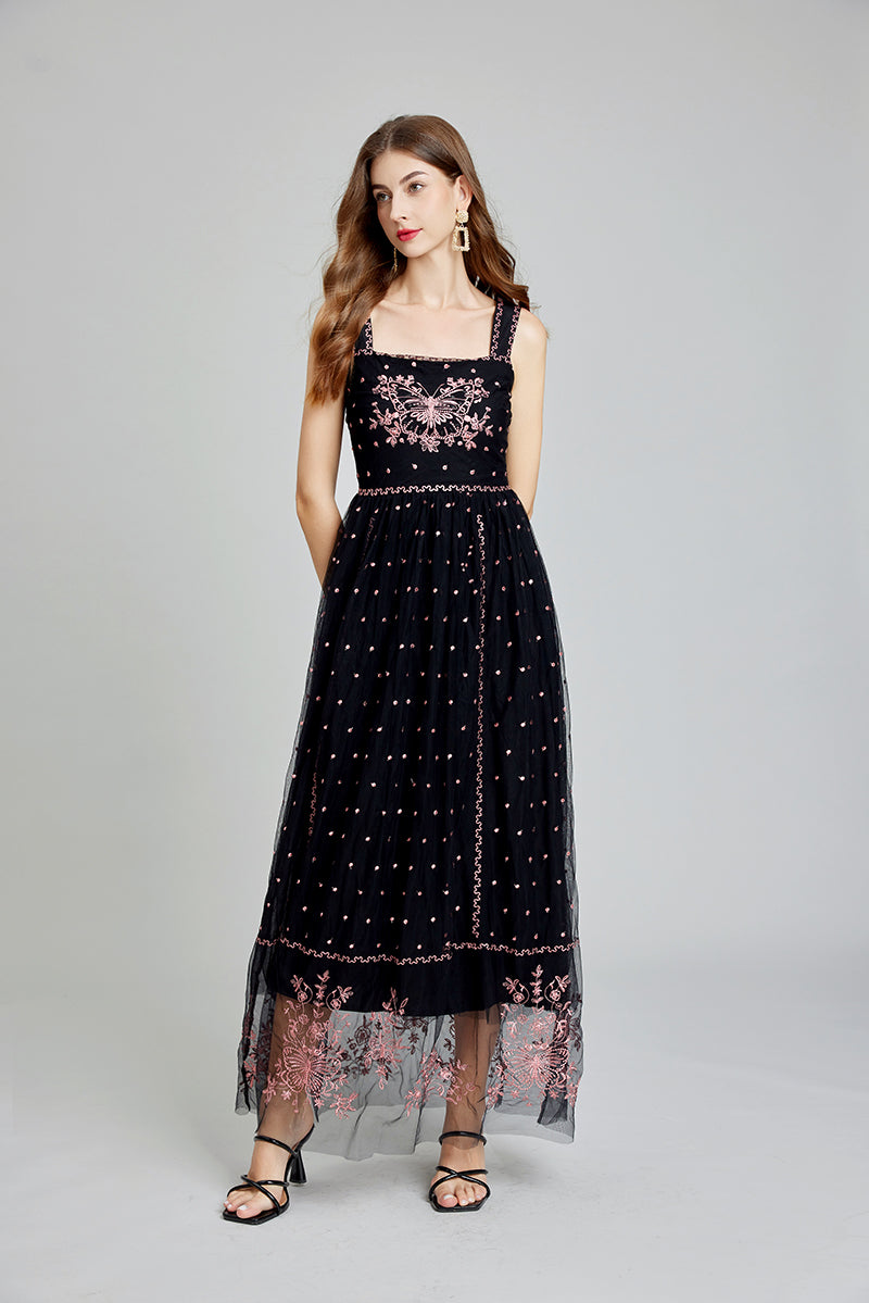 Butterfly Embroidery Polka Dot Tulle Overlay Square Neck Sleeveless Maxi Dress