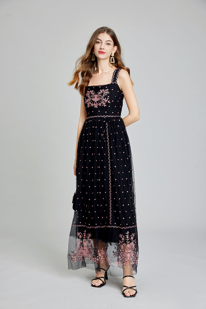 Butterfly Embroidery Polka Dot Tulle Overlay Square Neck Sleeveless Maxi Dress