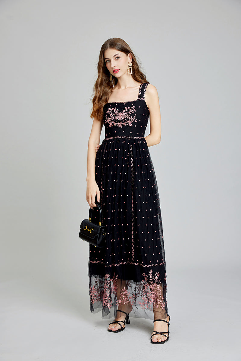 Butterfly Embroidery Polka Dot Tulle Overlay Square Neck Sleeveless Maxi Dress