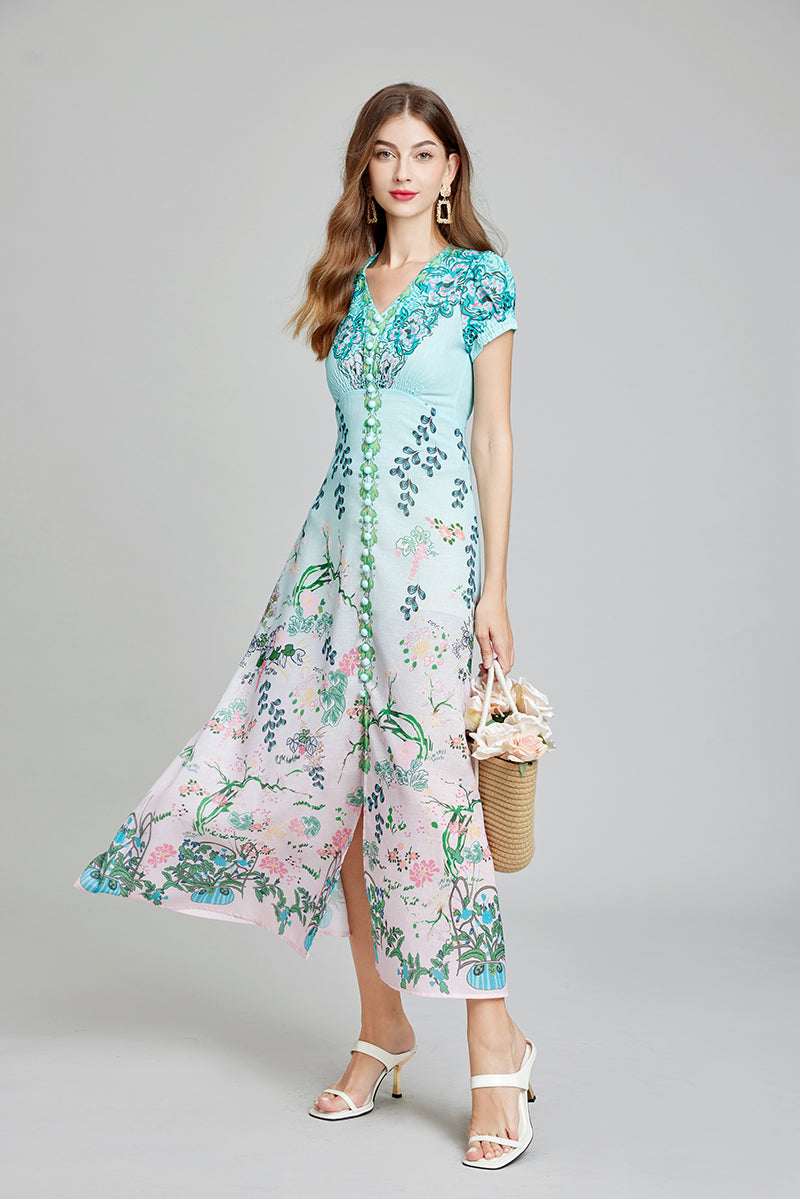 Botanical Floral Print Button Front Short Sleeve A-Line Maxi Dress