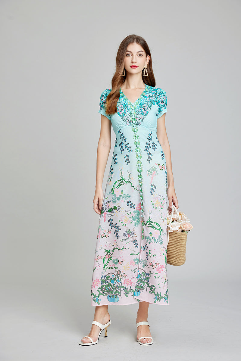 Botanical Floral Print Button Front Short Sleeve A-Line Maxi Dress