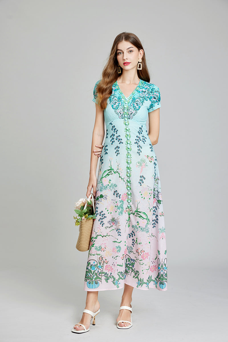 Botanical Floral Print Button Front Short Sleeve A-Line Maxi Dress