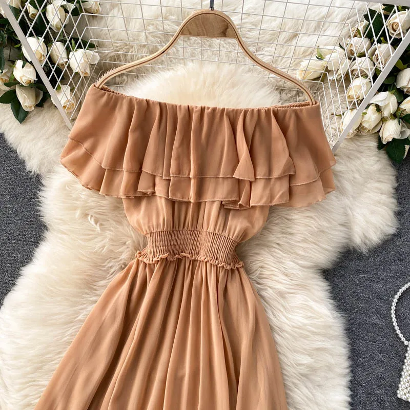 Women Chiffon Beach Dress Sexy Double Layer Ruffled Off The Shoulder Boho Dresses Ladies Sweet Slash Neck Long Dress 25 Women Chiffon Beach Dress Sexy Double Layer Ruffled Off The Shoulder Boho Dresses Ladies Sweet Slash Neck Long Dress