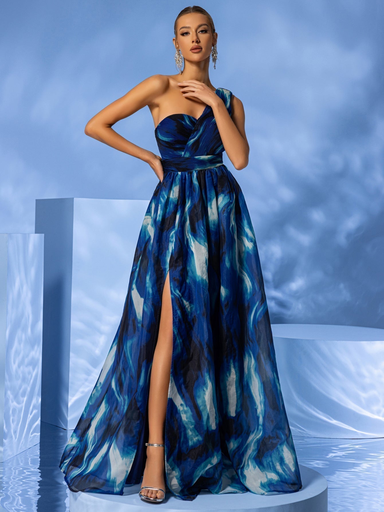 One-Shoulder Ruched Abstract Marble Print Chiffon High Slit Maxi Dress