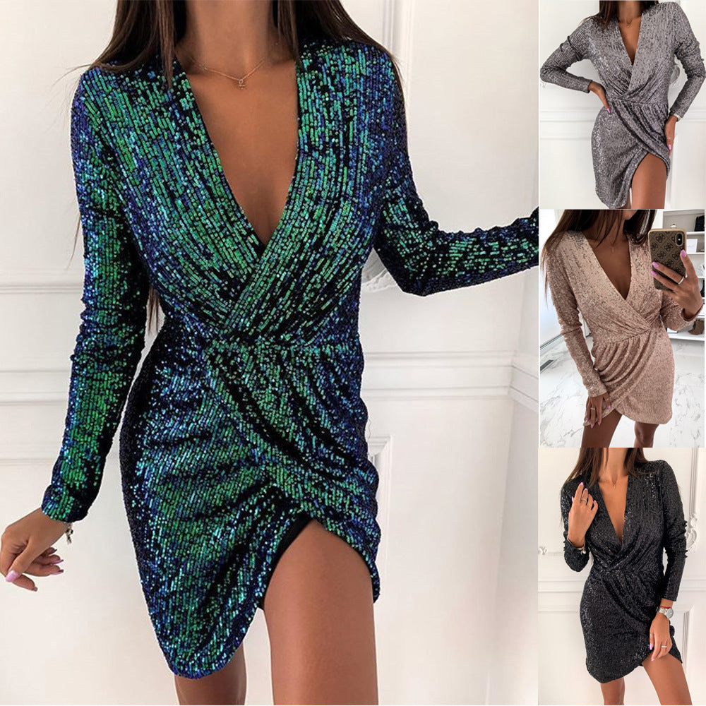 Sequin Wrap V-Neck Long Sleeve Ruched Tulip Hem Mini Dress
