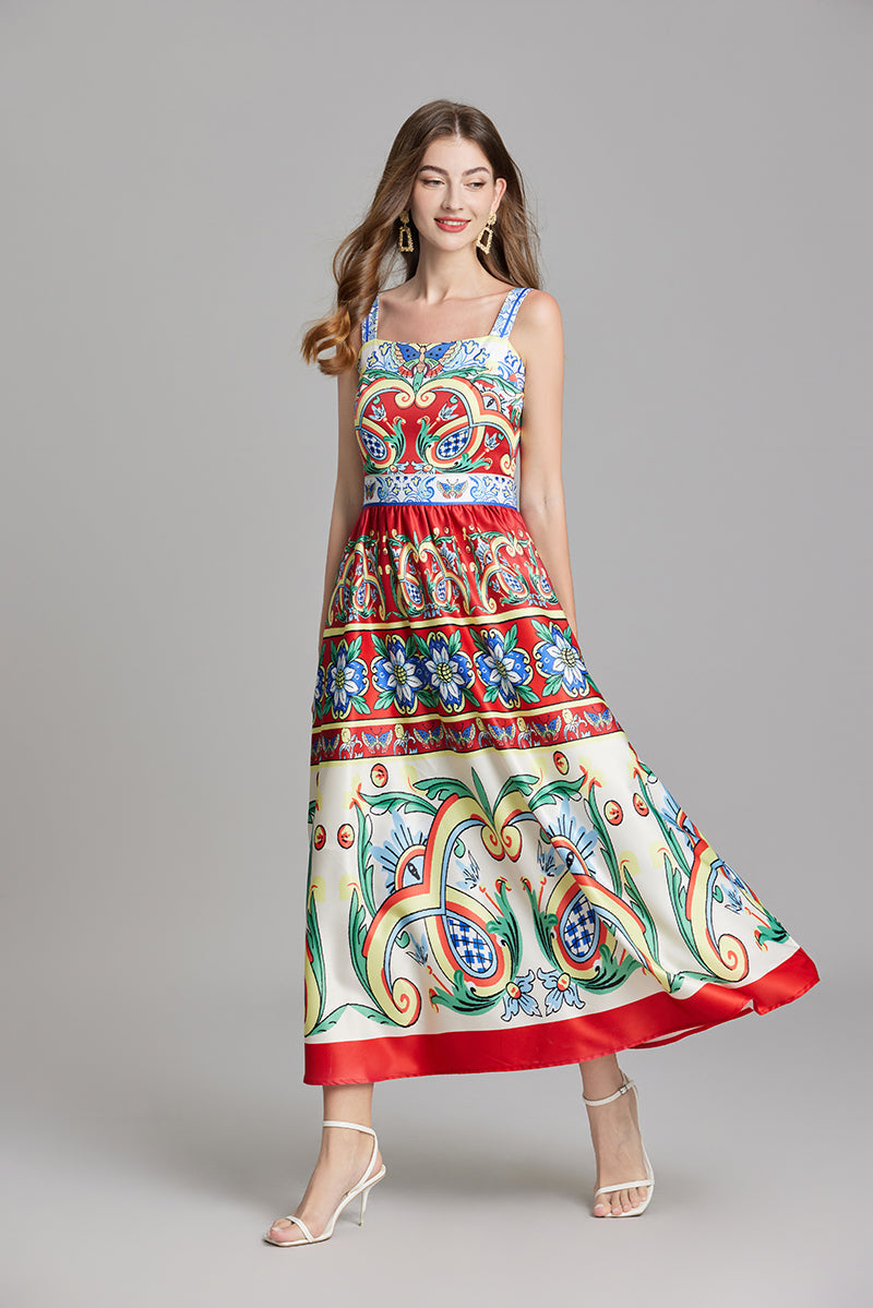 Square Neck Wide Strap Majolica Tile Print A-Line Maxi Dress