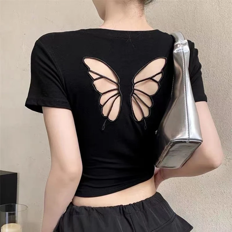 Fashion Women T-shirt Short Sleeve O Neck Solid Slim Fit Ladies Crop Top Butterfly Hollow Backless for Casual Tops Summer 2025 8 Fashion Women T-shirt Short Sleeve O Neck Solid Slim Fit Ladies Crop Top Butterfly Hollow Backless for Casual Tops Summer 2025