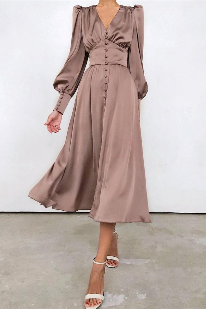 Deep V-Neck Lantern Sleeve Button Front Cinched Waist Satin Midi Dress