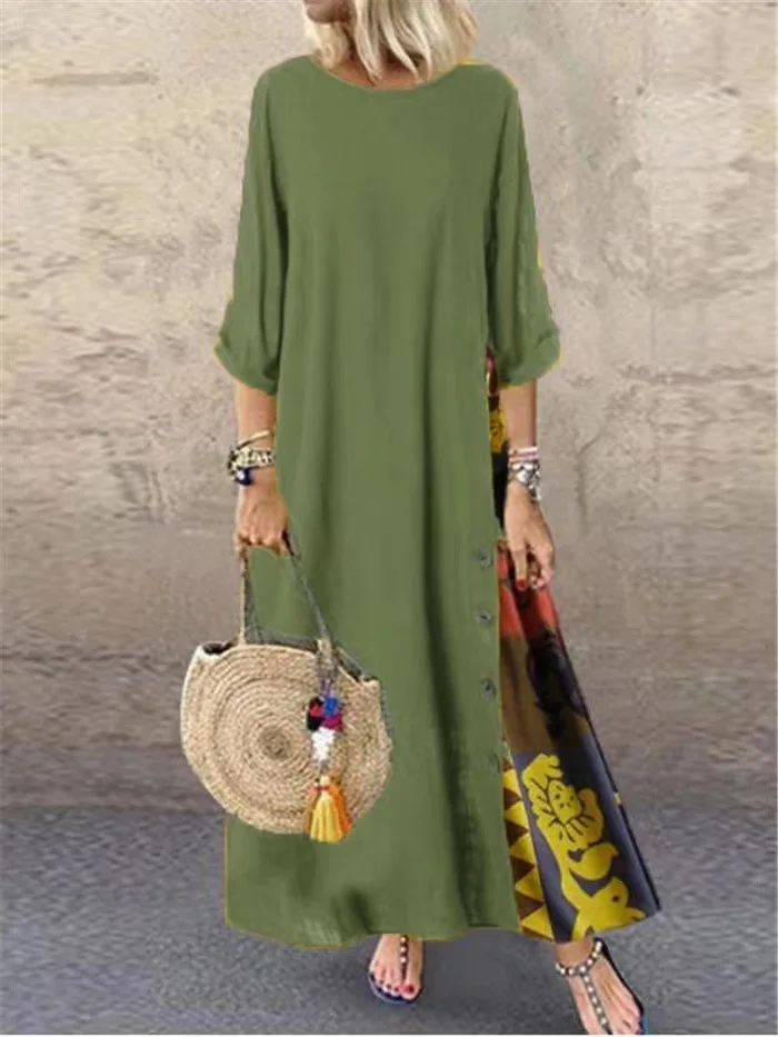 Cotton Linen Vintage Long Dresses Women Three Quarter Sleeves Splicing Print Loose A-line Dress Fashion Casual Lady Maxi Vestido 12 undefined