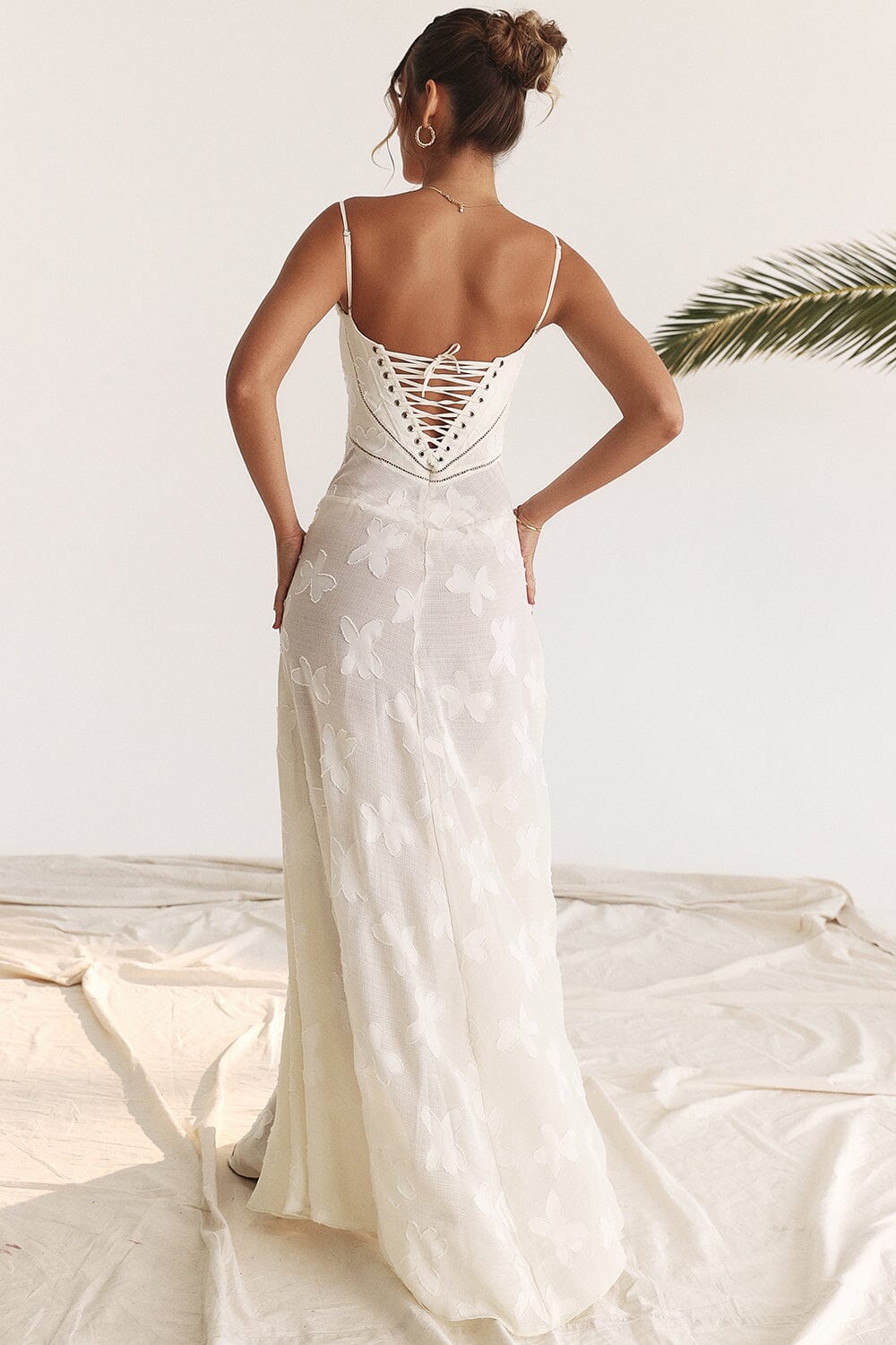 Floral Jacquard Spaghetti Strap Lace Up Corset Back Fit and Flare Maxi Dress
