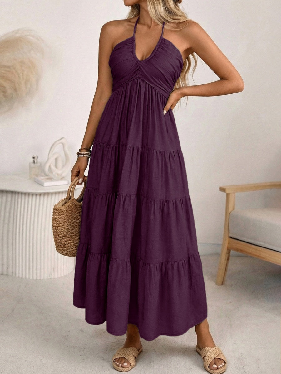 Halter V-neck Drawstring Loose-fit Vacation Maxi Dresses