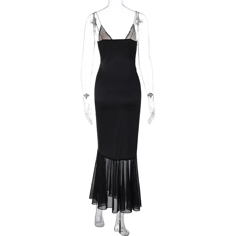 Ootddress Lace Splice Maxi Dresses For Women Sexy Deep V Neck Mesh Slim Dress Woman Temperament Clubwear Party Evening Dress Femme