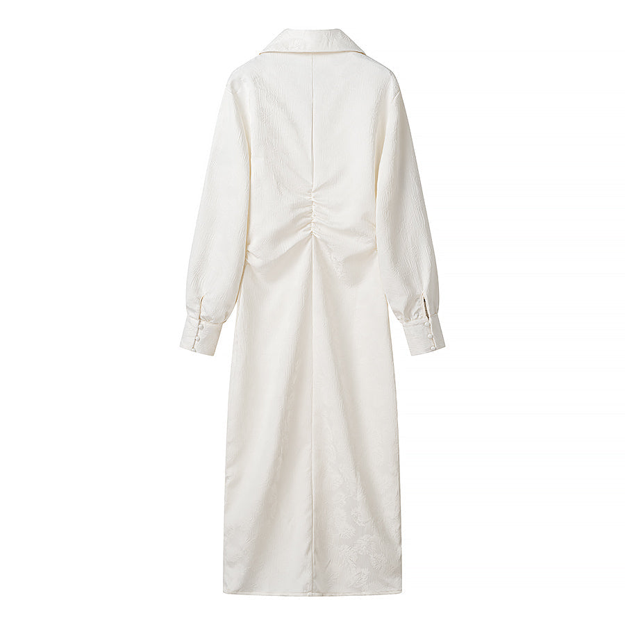 Jacquard Floral Long Sleeve Button Front Shirt Dress with Side Slit