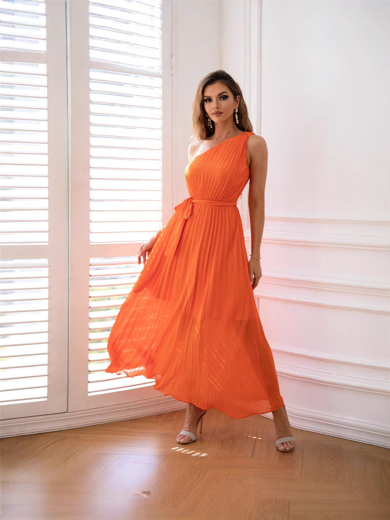 One Shoulder Pleated Chiffon Self Tie Belt Overlay Lined Maxi Dress