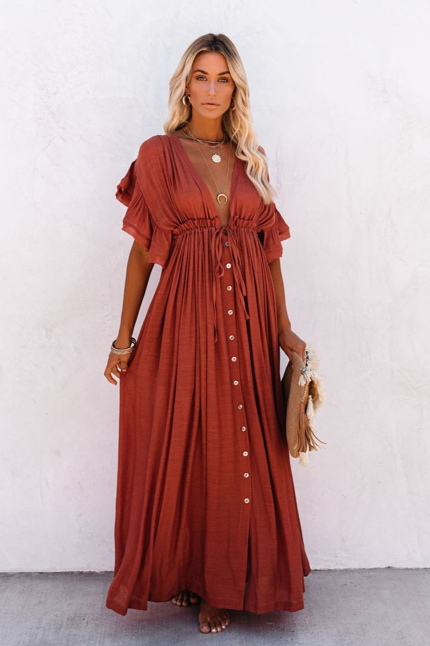 Deep V Neck Ruffle Sleeve Drawstring Waist Button Front Pocket Maxi Dress
