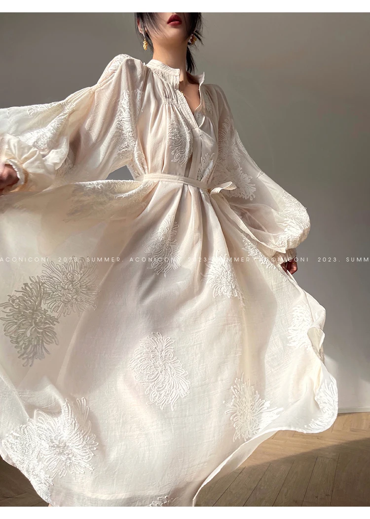 Spring Women Embroidery Evening Party Dresses Elegant Lantern Sleeve Vintage Casual A-Line Dress Female Fashion Vestidos Robe