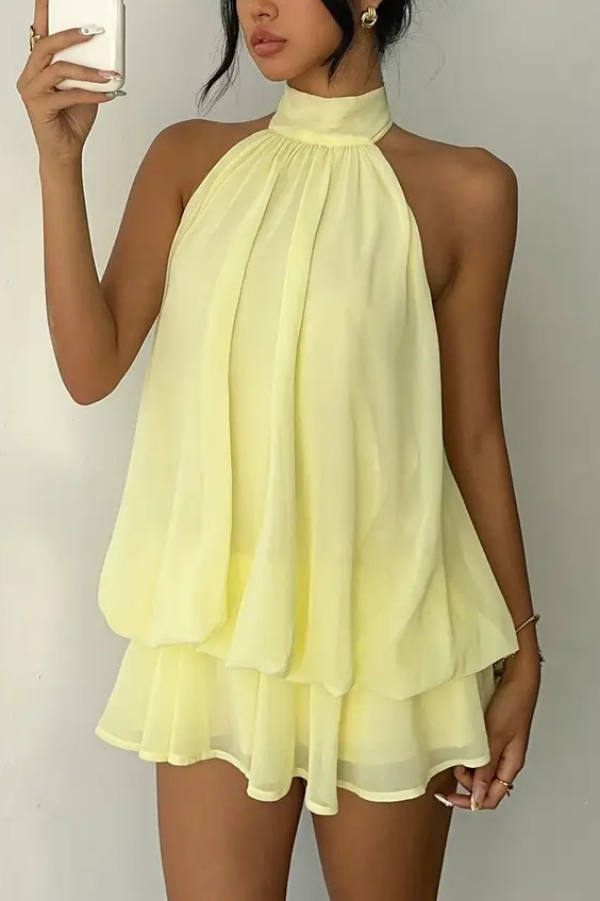 Fashionable Chiffon Halter Neck Backless Lace-up Casual Vacation Mini Dress