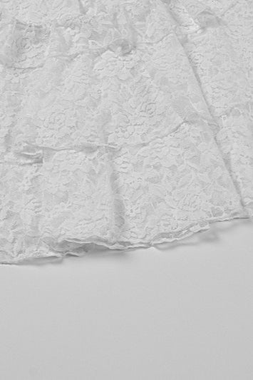 Floral Lace Crew Neck Buttoned Keyhole Cut Out Tiered Ruffle Mini Dress