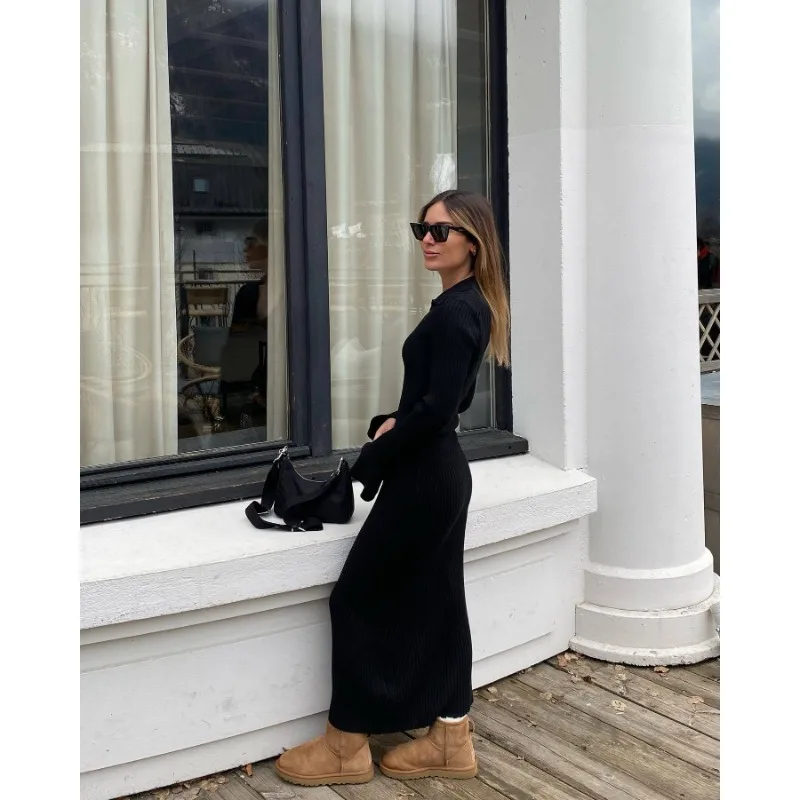 Ootddress Striped V-Neck Knit Maxi Dress For Women Ribbed Patchwork Slim Long Sleeve Elegant Party Dress Loose Knitwear Long Dress