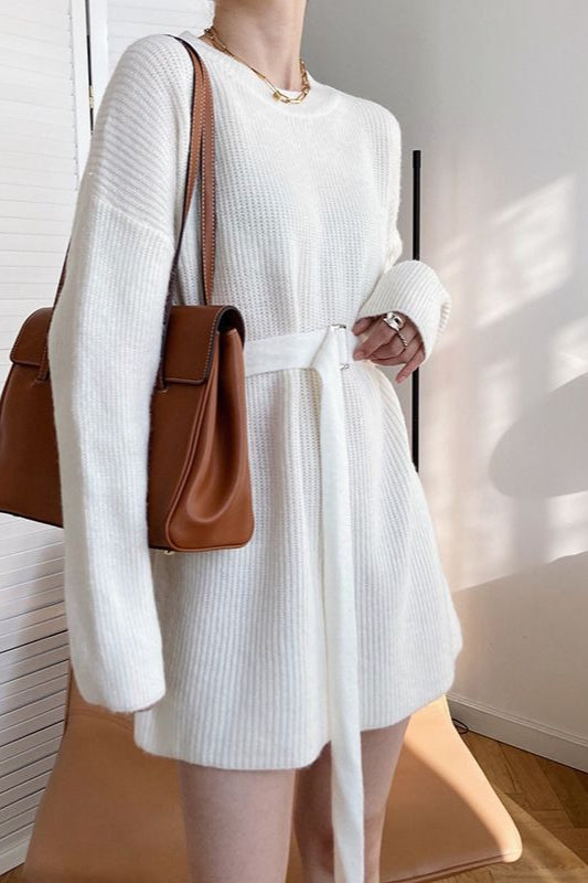 Rib Knit Belted Square Buckle Balloon Sleeve Sweater Mini Dress