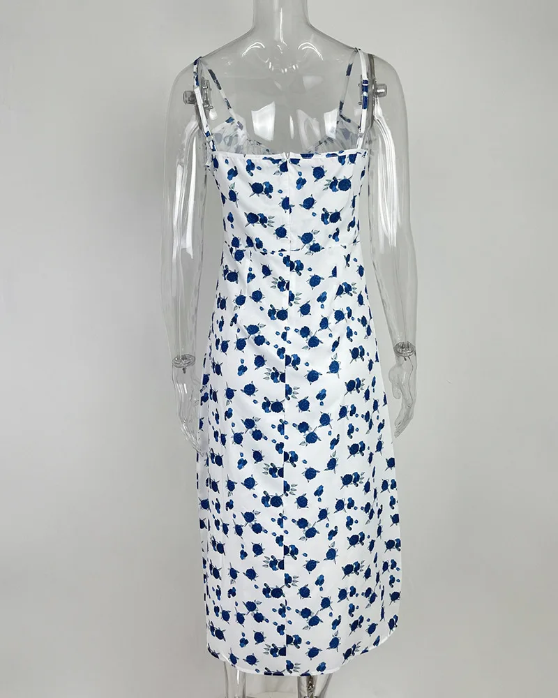 Flower Printed Spaghetti Strap Dresses For Women Sexy Low Cut Beach Party Slim Slit Dress Chic Bodycon Lady Sleeveless Vestidos 24 undefined