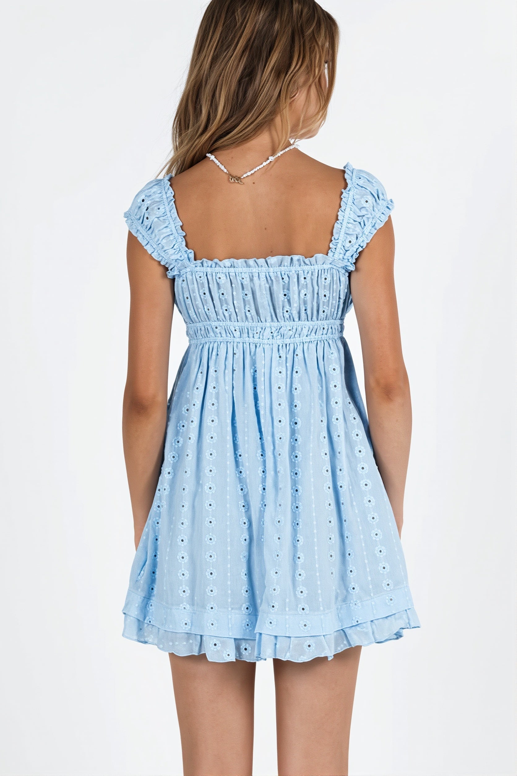 Square Neck Ruffle Strap Eyelet Embroidered Empire Waist Mini Dress