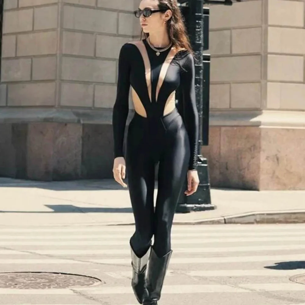 Ootddress Mesh Stitching Jumpsuit Women Long Sleeve Bodycon One Piece See Through Monos Mujer Elegante Club Sexy Women's Playsuit