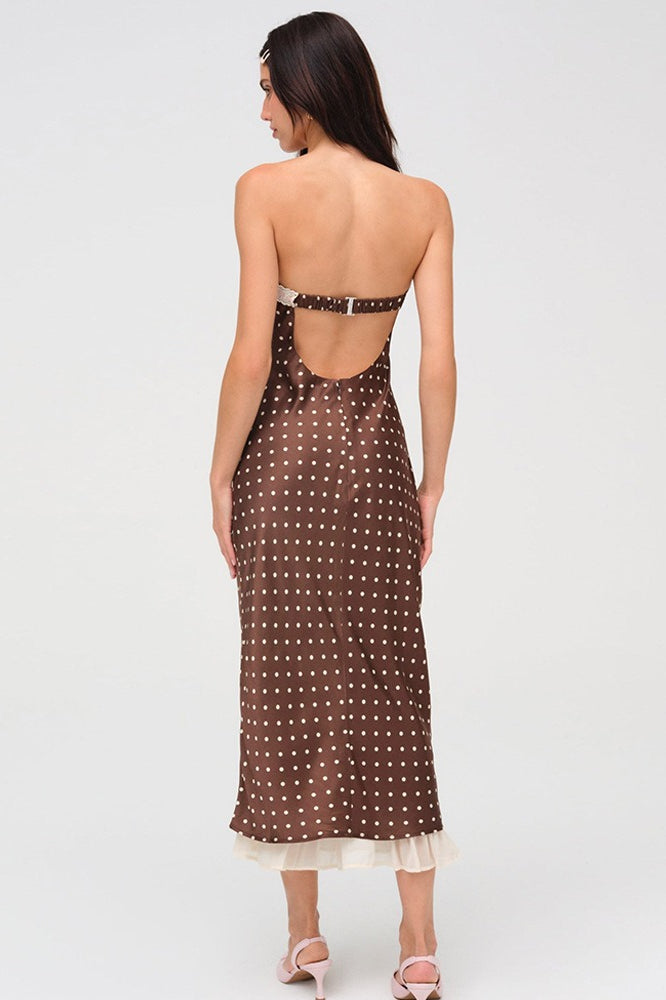 Polka Dot Strapless Lace Trim Bow Tie Satin Bodycon Maxi Dress