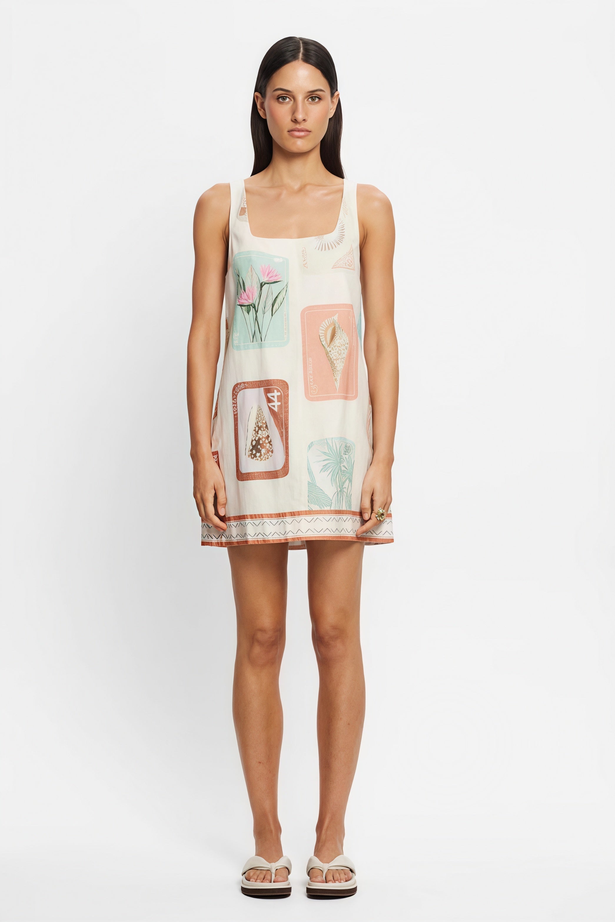 Tropical Stamp Print Square Neck Wide Strap Mini Dress