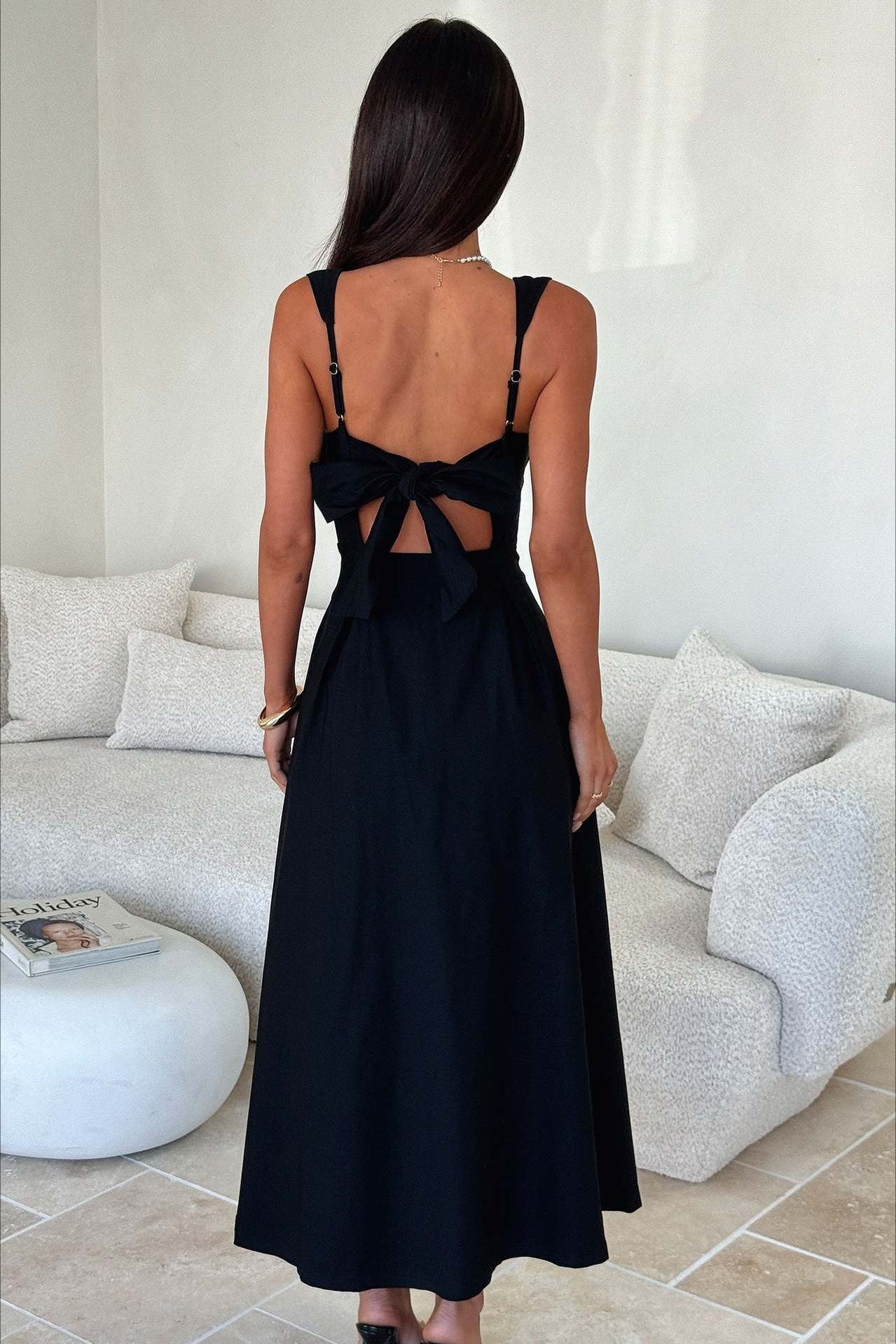 Square Neck Gathered Bust Wide Strap Pleated Pocket Midi Dress