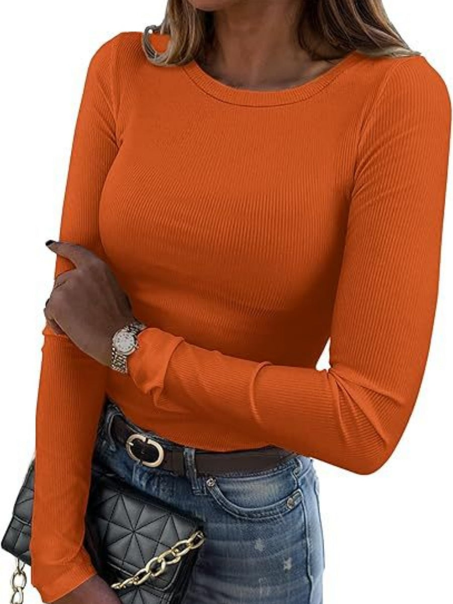 Pit Strip Long Sleeve Elastic Crew Neck Ribbed Slim Fit Basic T-shirts