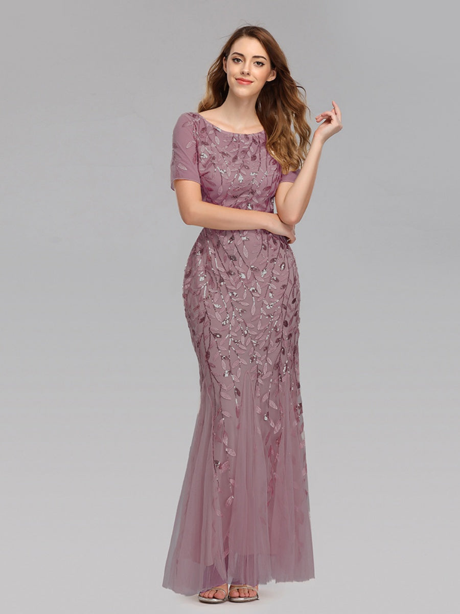 Embroidery Sequins Fishtail Spliced Mesh Formal Dress Maxi Dresses