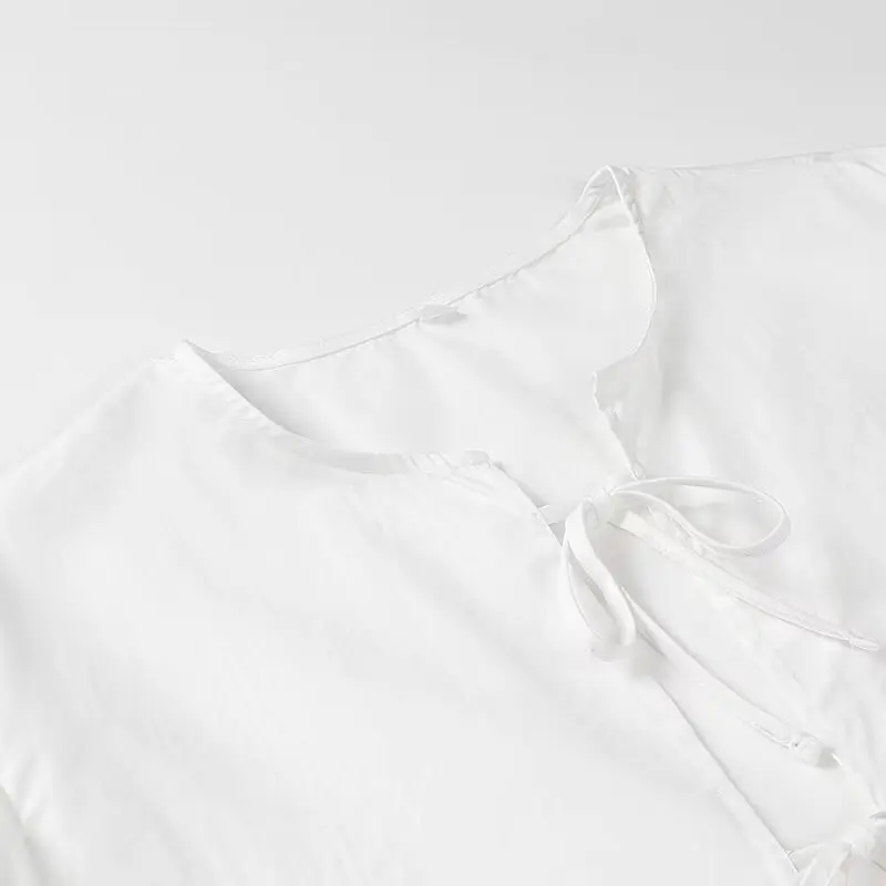 TRAUXY White Lace-up Short Sleeve Shirt For Women Casual Loose Solid Color Patchwork Summer Blouse Female Club Party Outfits