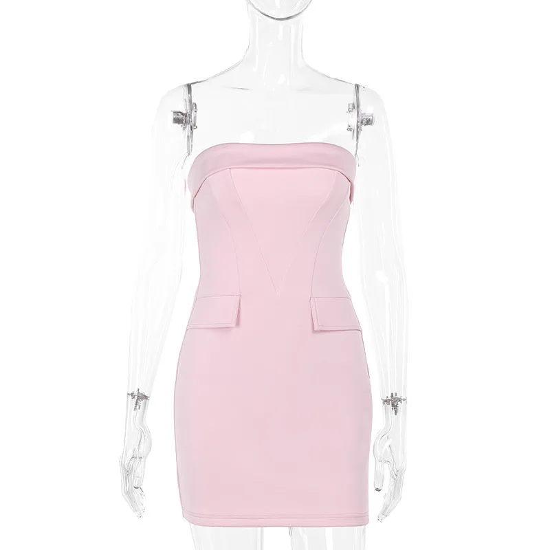 Fantoye Sexy Strapless Pocket Women Dress Pink Backless High Waist Mini Dress Female Summer Skinny Elegant Party Clubwear 2025