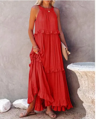 Summer Vacation Style Halter Neck Long Dresses Women Fashion Backless Leace-up Loose Ruffles Beach Dress Elegant Ladies Vestidos 16 Summer Vacation Style Halter Neck Long Dresses Women Fashion Backless Leace-up Loose Ruffles Beach Dress Elegant Ladies Vestidos