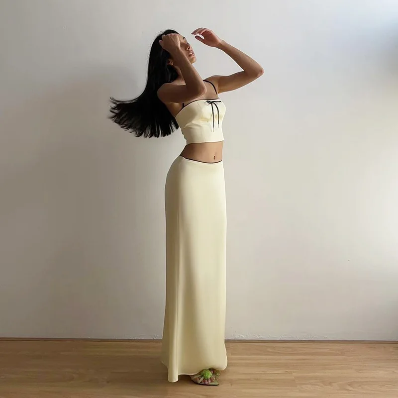 Ootddress Women's Solid Color Slim Fit With Exposed Navel Set Suspender Vest High Waisted Skirt Lady New Fashion Party Clothing 2025
