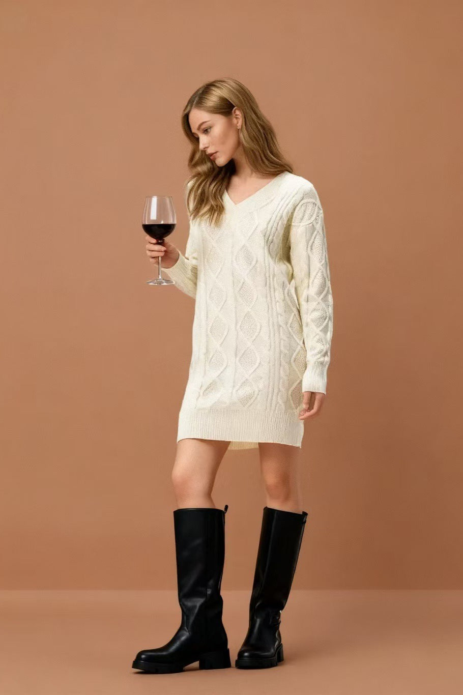 Cable Knit Diamond Pattern V-Neck Long Sleeve Sweater Mini Dress
