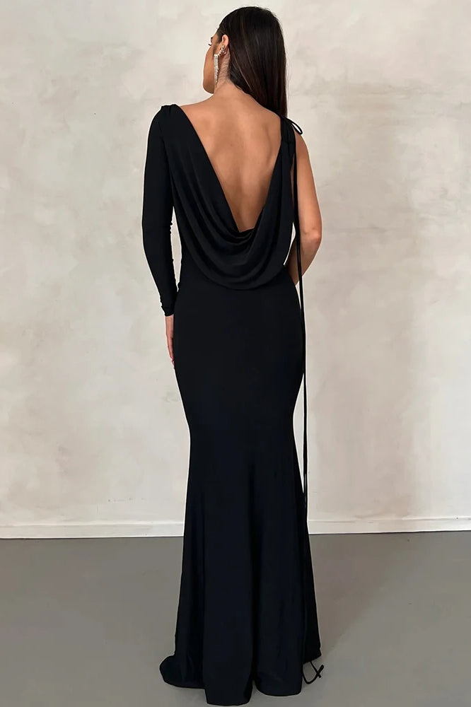 Plunging Cowl Neck Asymmetrical One Long Sleeve Tie Strap Bodycon Maxi Dress