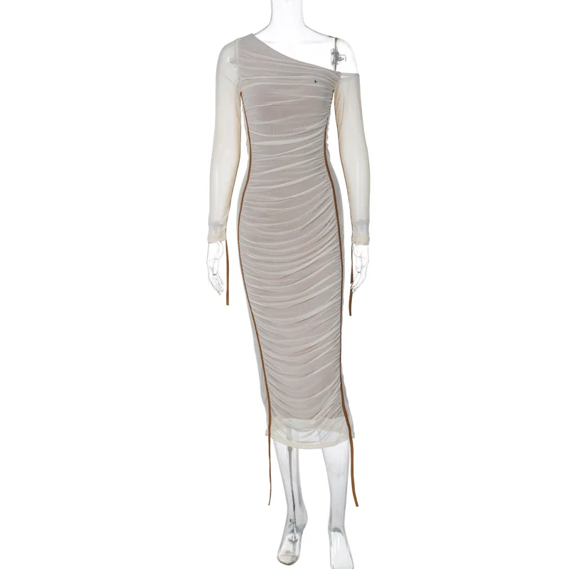 Ootddress White Mesh Off-Shoulder Maxi Dress Female Long Sleeve Patchwork Fashion Contrast Summer Backless Ladies Party Long Dress