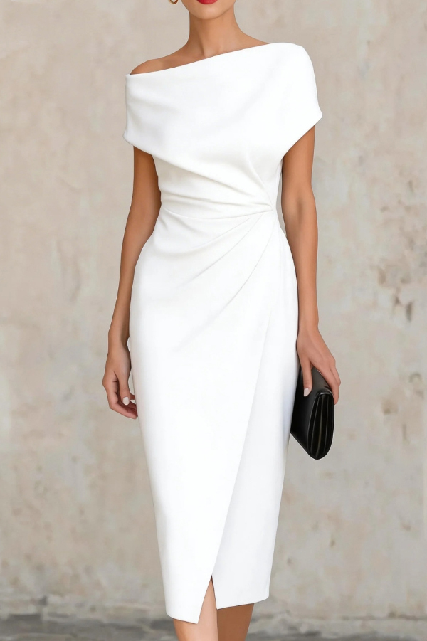 Solid Color Short-sleeved Fitted Waist Pleated Elegant Midi Dress