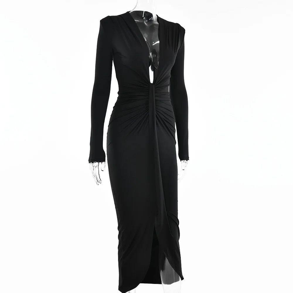 Ootddress Elegant Deep V Neck Full Sleeve Long Dress For Women Robe Fashion Autumn New Irregular Ruched Bodycon Midi Dress