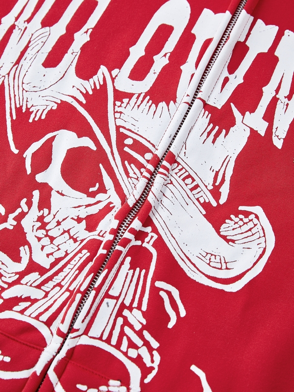 Red Vintage Print Zip Up Oversized Hoodie