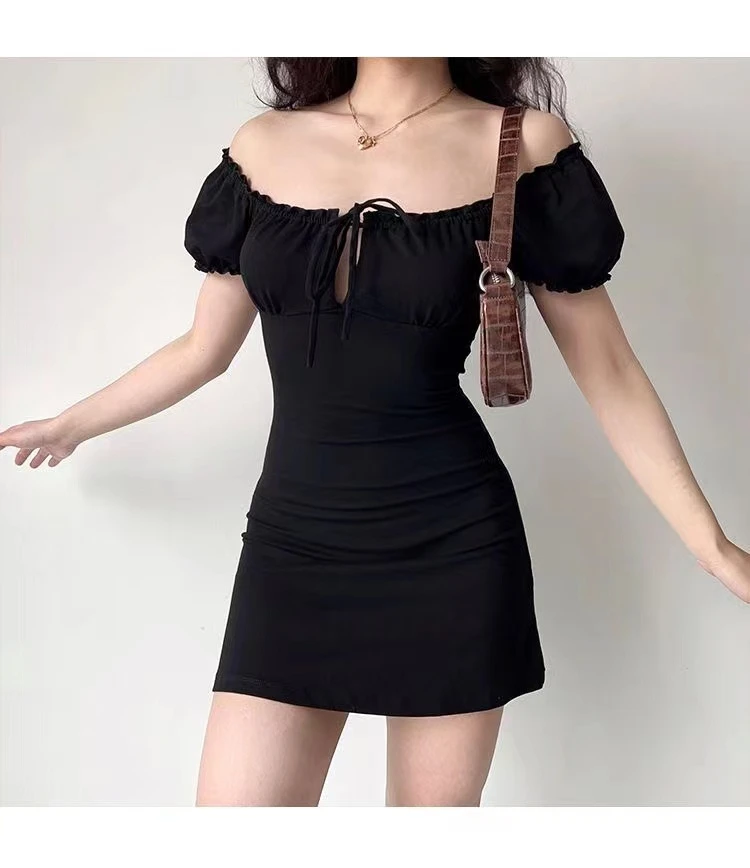 Summer Sexy Mini Dress Women Short Sleeved Lace up Hollow Casual Backless Folds Bodycon Black Dress Party Elegant A-LINE Dresses