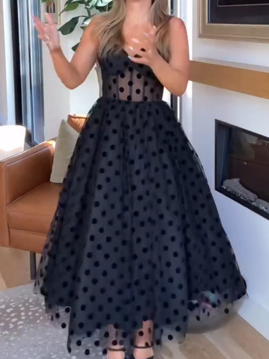Mesh Polka Dots Temperament Little Black Dress Reunion Maxi Dresses
