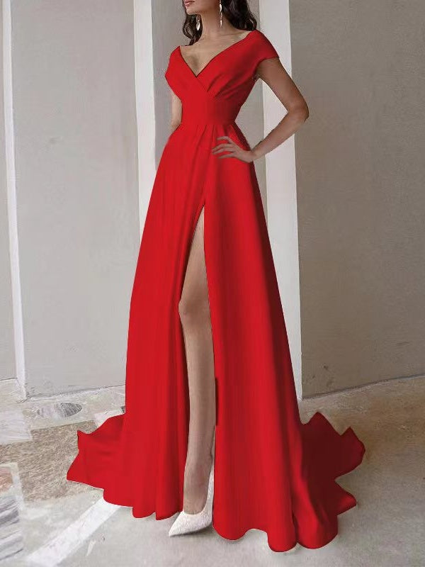 V-neck, Ruffled, White, Mid-waisted, Solid Color Long Dress